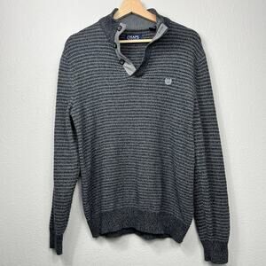 Chaps Mens 1/4 Zip Sweater‎ Gray Size M Striped Button Up Layers Preppy Coastal
